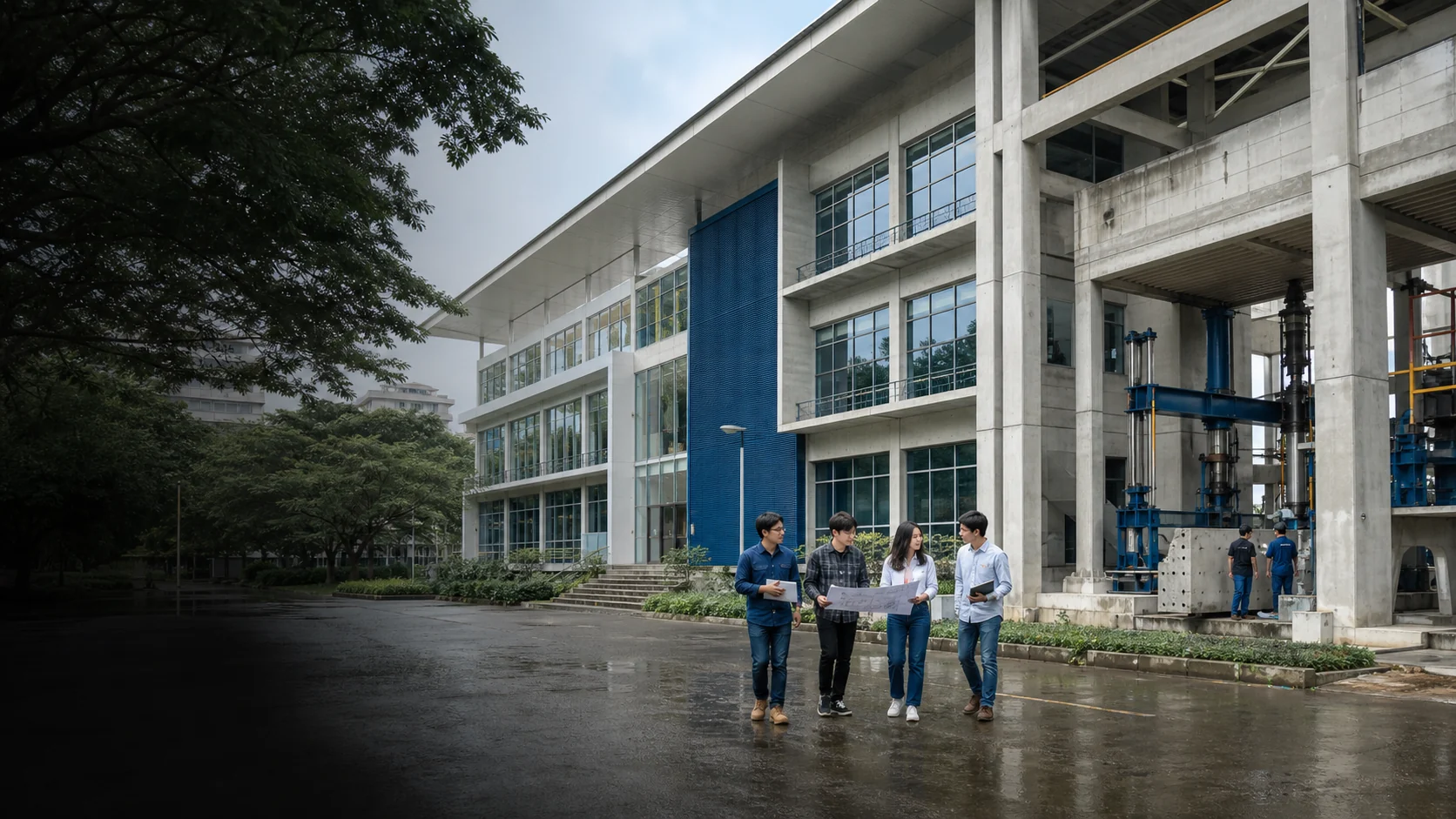 Lingkungan akademik teknik sipil dengan gedung, laboratorium struktur, dan mahasiswa